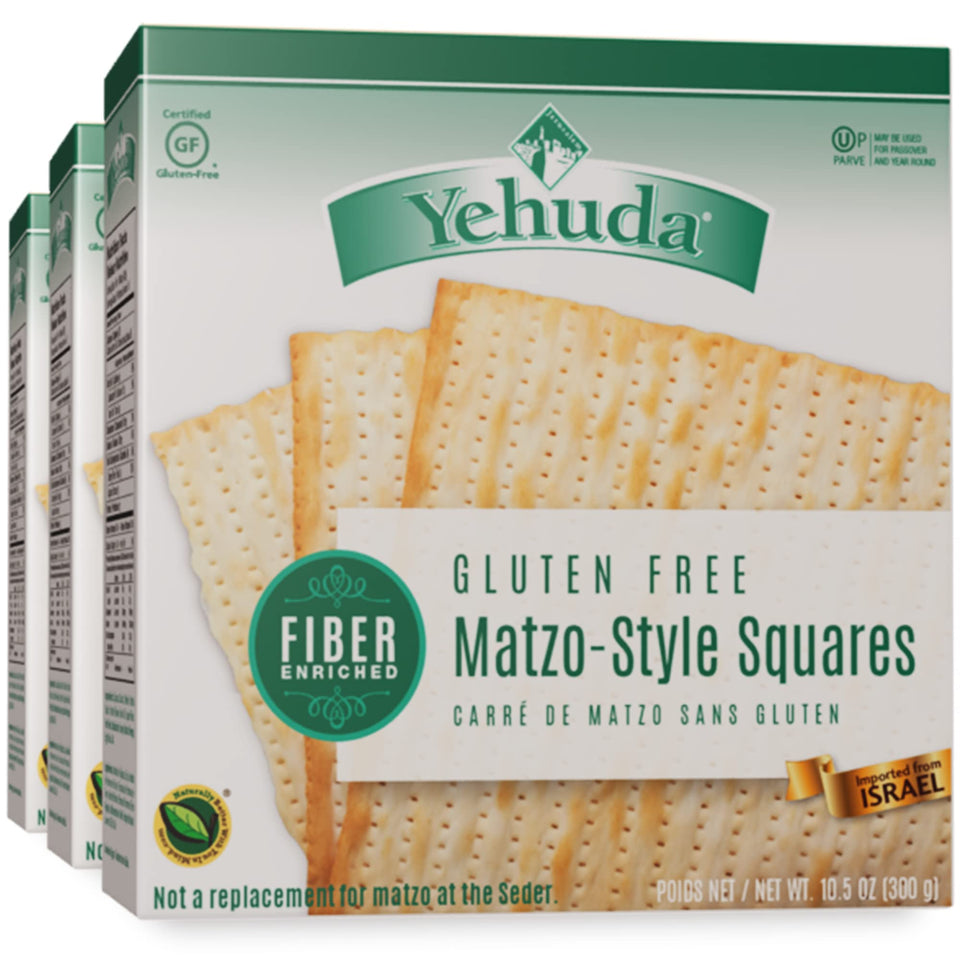 Yehuda fiber enriched gluten free matzo squares box front for Passover and everyday snacking.