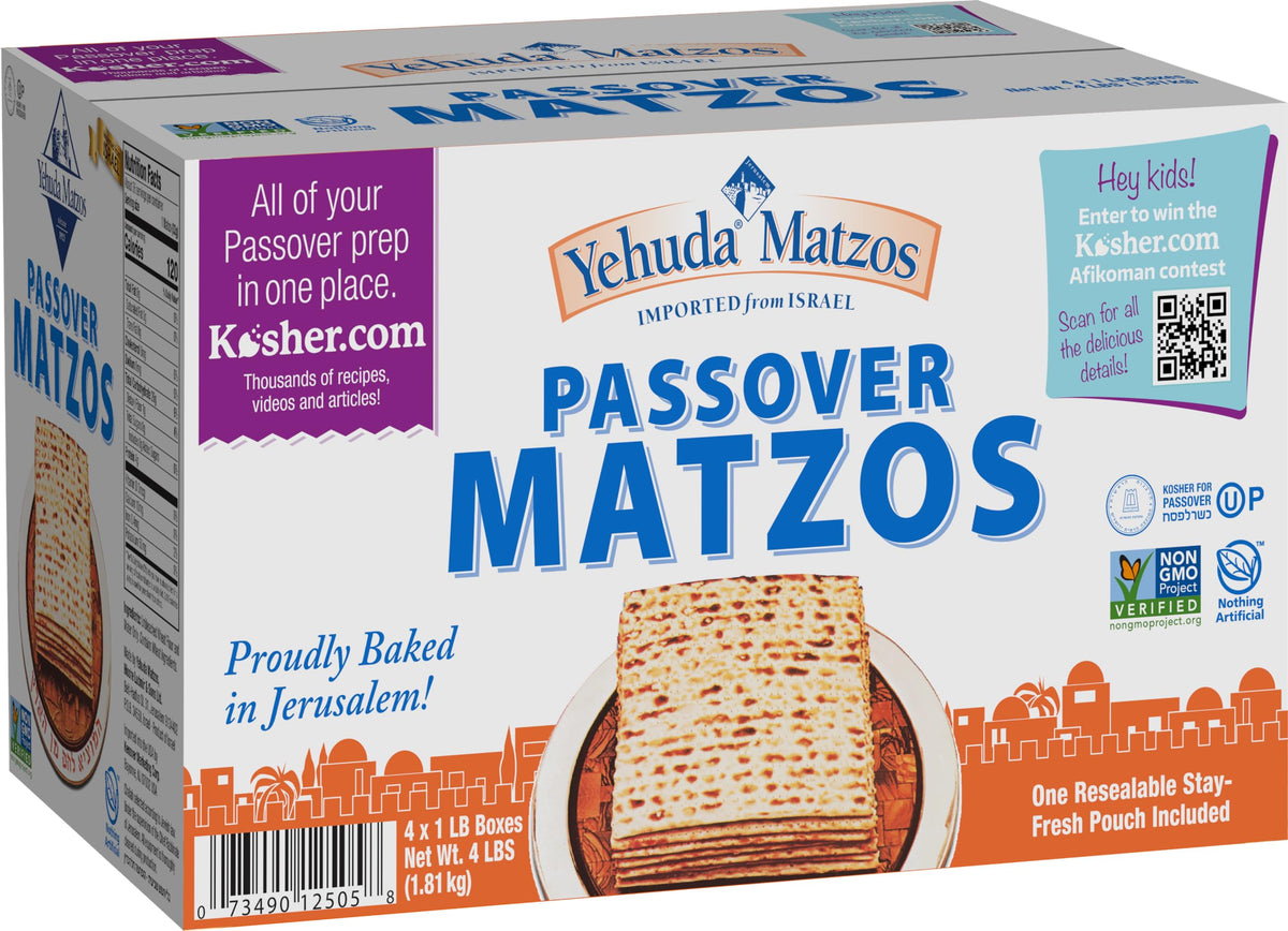 Yehuda Freshly Baked Passover Matzo shows crisp texture and 4x1 lb packaging.