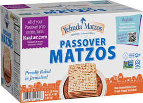 Yehuda Freshly Baked Passover Matzo shows crisp texture and 4x1 lb packaging.