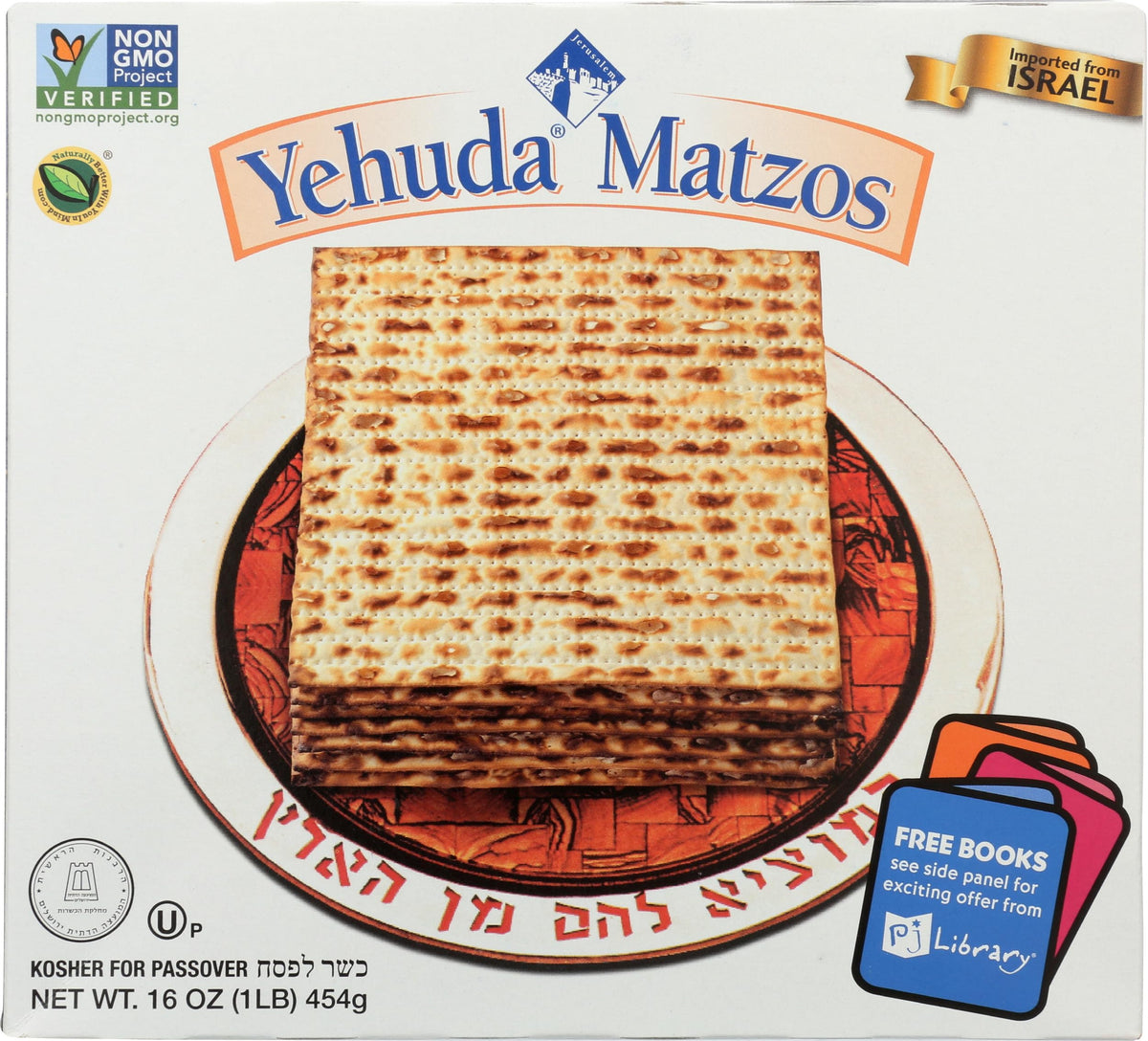 Yehuda Matzo packaging on display, fresh and all natural.