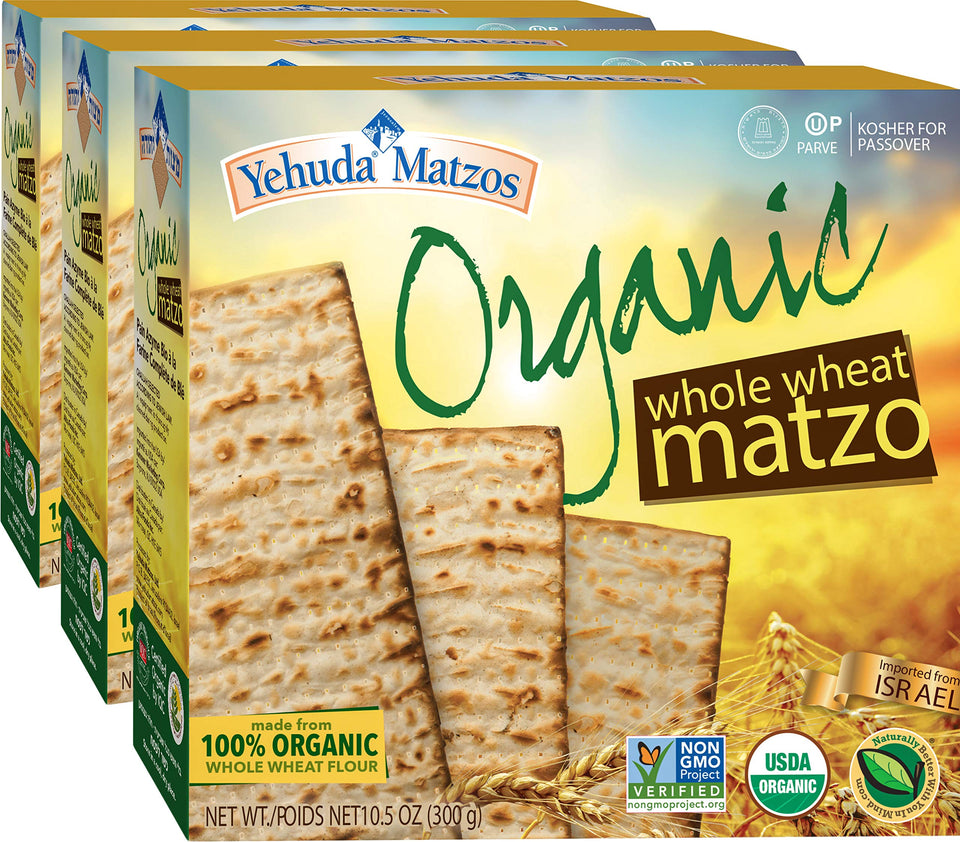 Yehuda Organic Whole Wheat Matzo 3-pack box, pantry-friendly packaging.