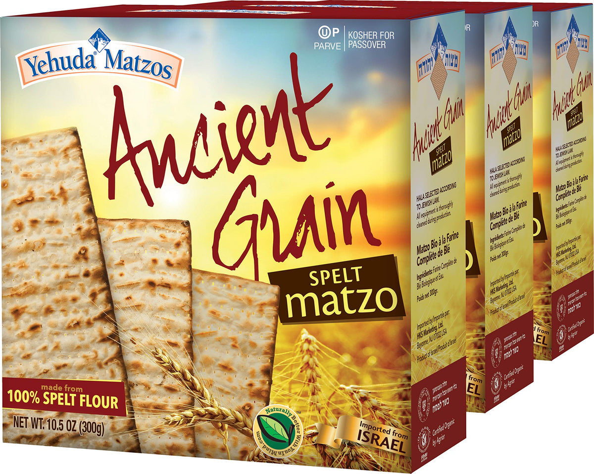 Yehuda Spelt Matzo three-pack box front, crisp Passover crackers.