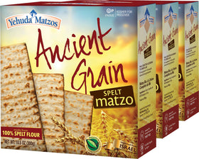 Yehuda Spelt Matzo three-pack box front, crisp Passover crackers.