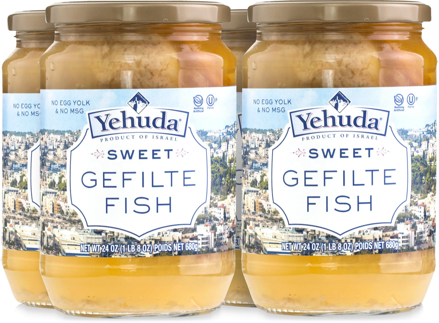 Yehuda Sweet Gefilte Fish on a serving plate with carrots, ideal for festive meals.