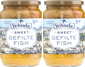 Yehuda Sweet Gefilte Fish jar front, ready for easy family serving