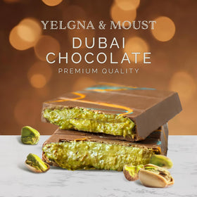 Yelgna & Moust Dubai chocolate bar showing kunafa-layer detail for a rich fusion bite.