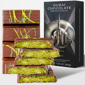 Yelgna & Moust Dubai pistachio-cream chocolate bar with silky texture and pistachio notes.