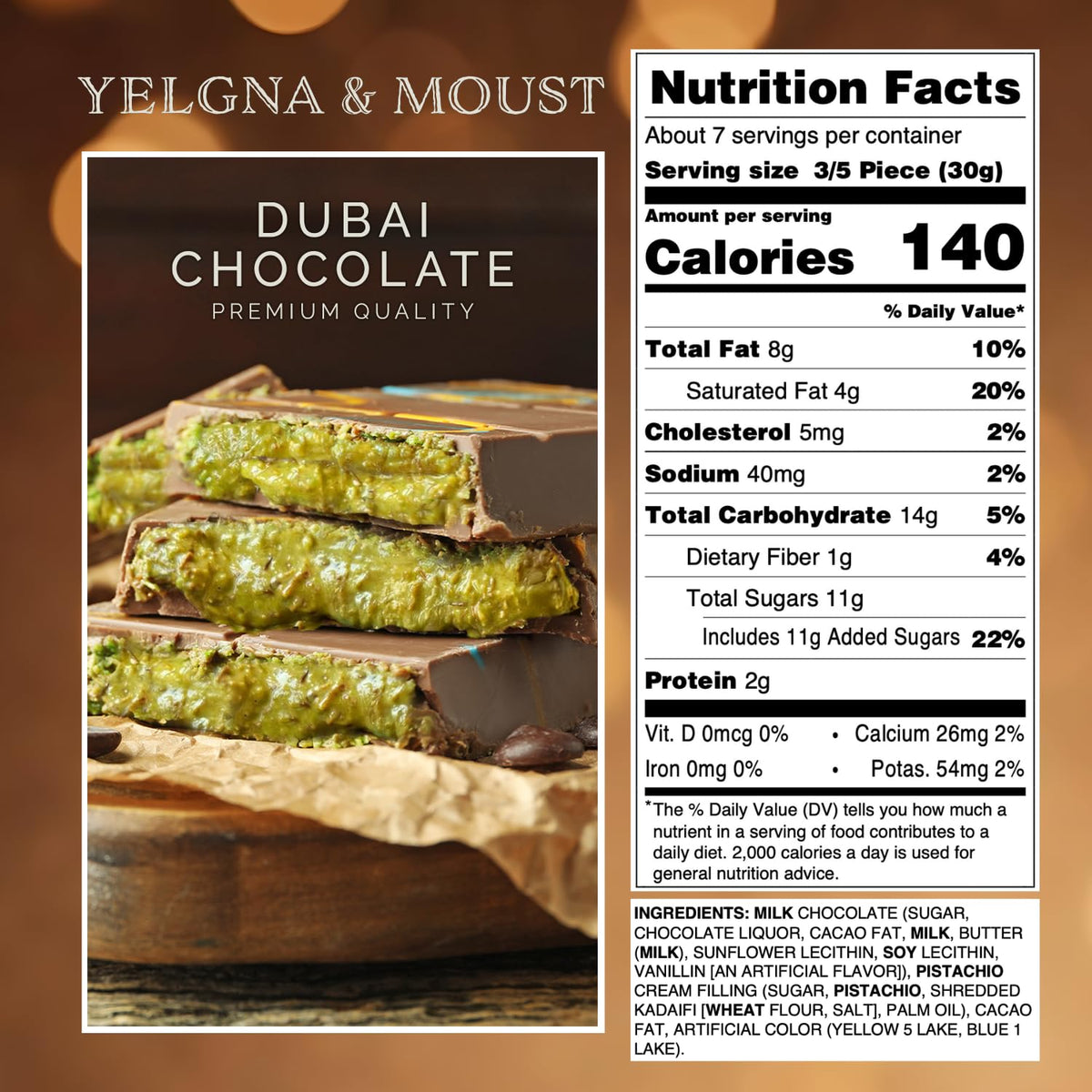 Yelgna & Moust Dubai chocolate bar slice closeup highlighting texture and layers.