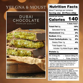 Yelgna & Moust Dubai chocolate bar slice closeup highlighting texture and layers.
