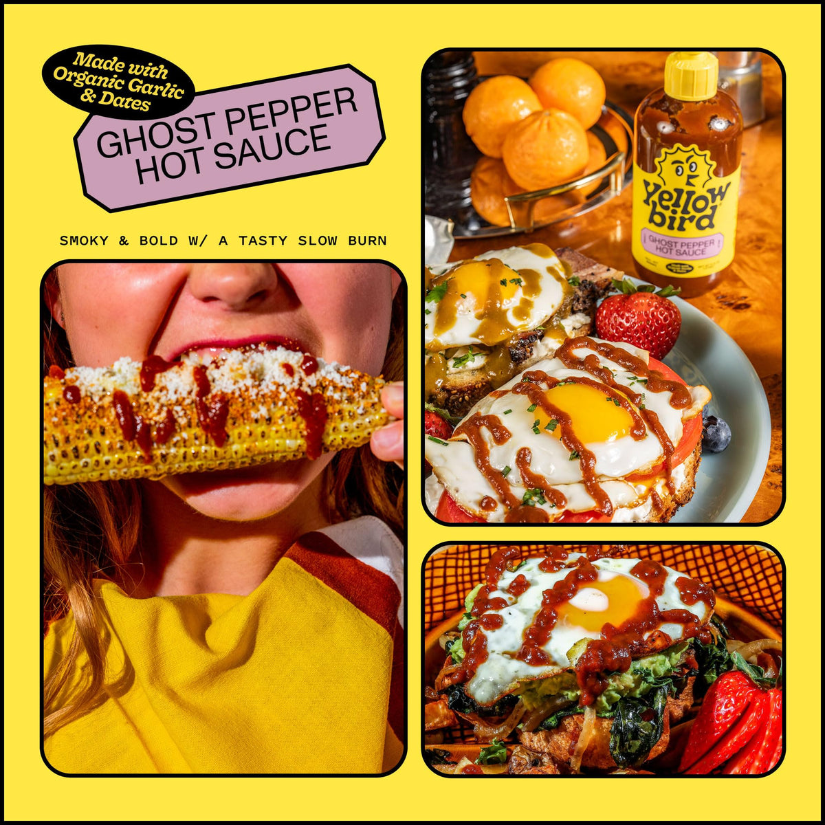 Yellowbird bottle poured over a dish to showcase smoky bold flavor.