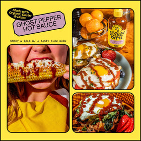 Yellowbird bottle poured over a dish to showcase smoky bold flavor.