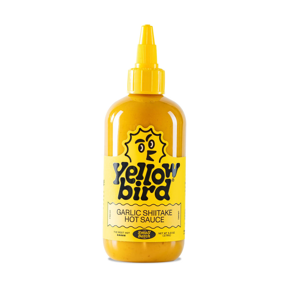 Yellowbird Garlic Shiitake hot sauce bottle for bold weeknight flavor.
