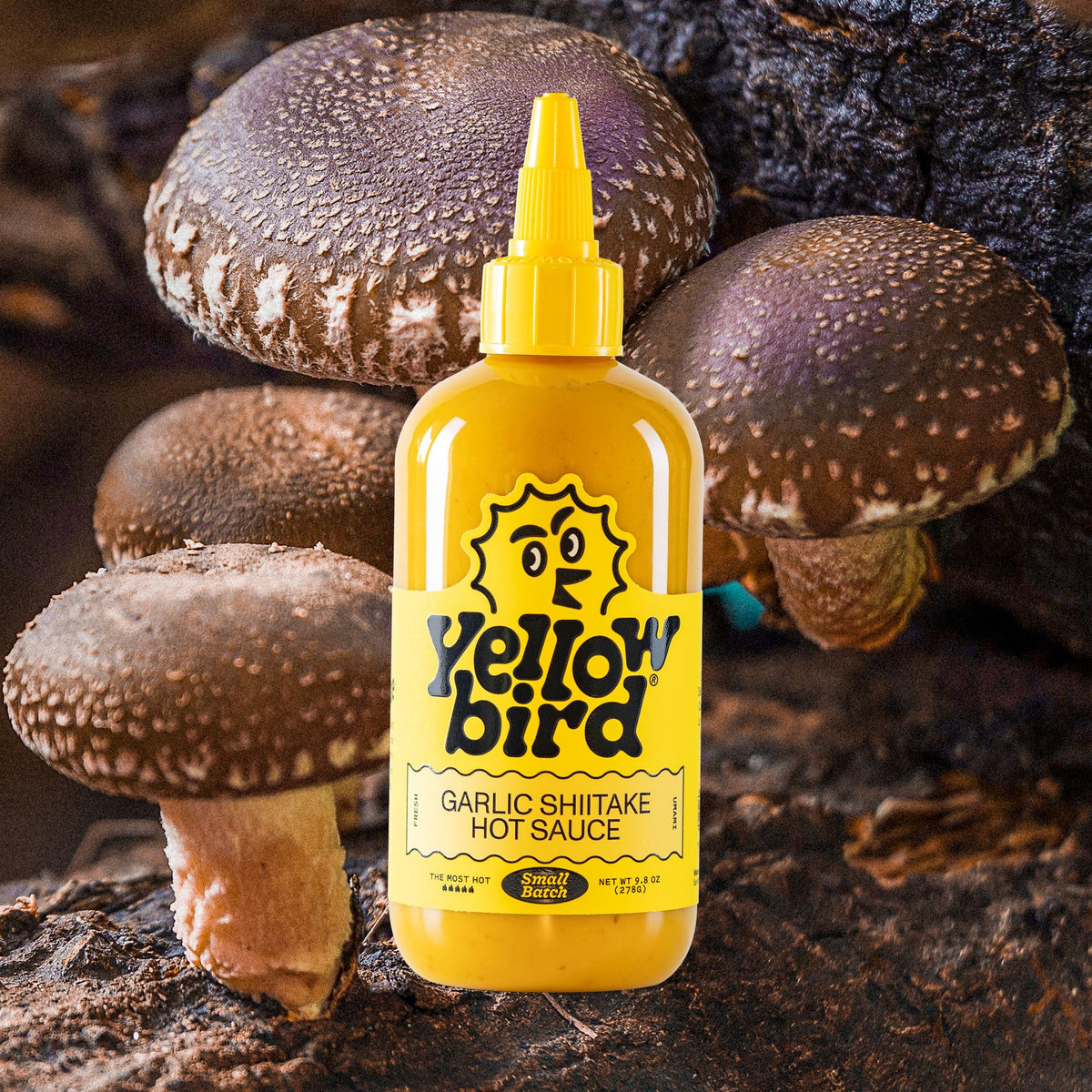 Yellowbird Garlic Shiitake hot sauce pour for a spicy glaze.