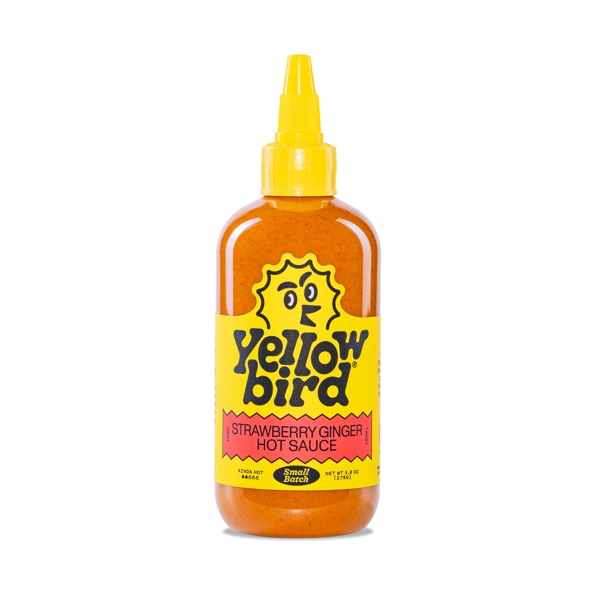 Yellowbird Strawberry Ginger Hot Sauce bottle highlighting lush tangy flavor