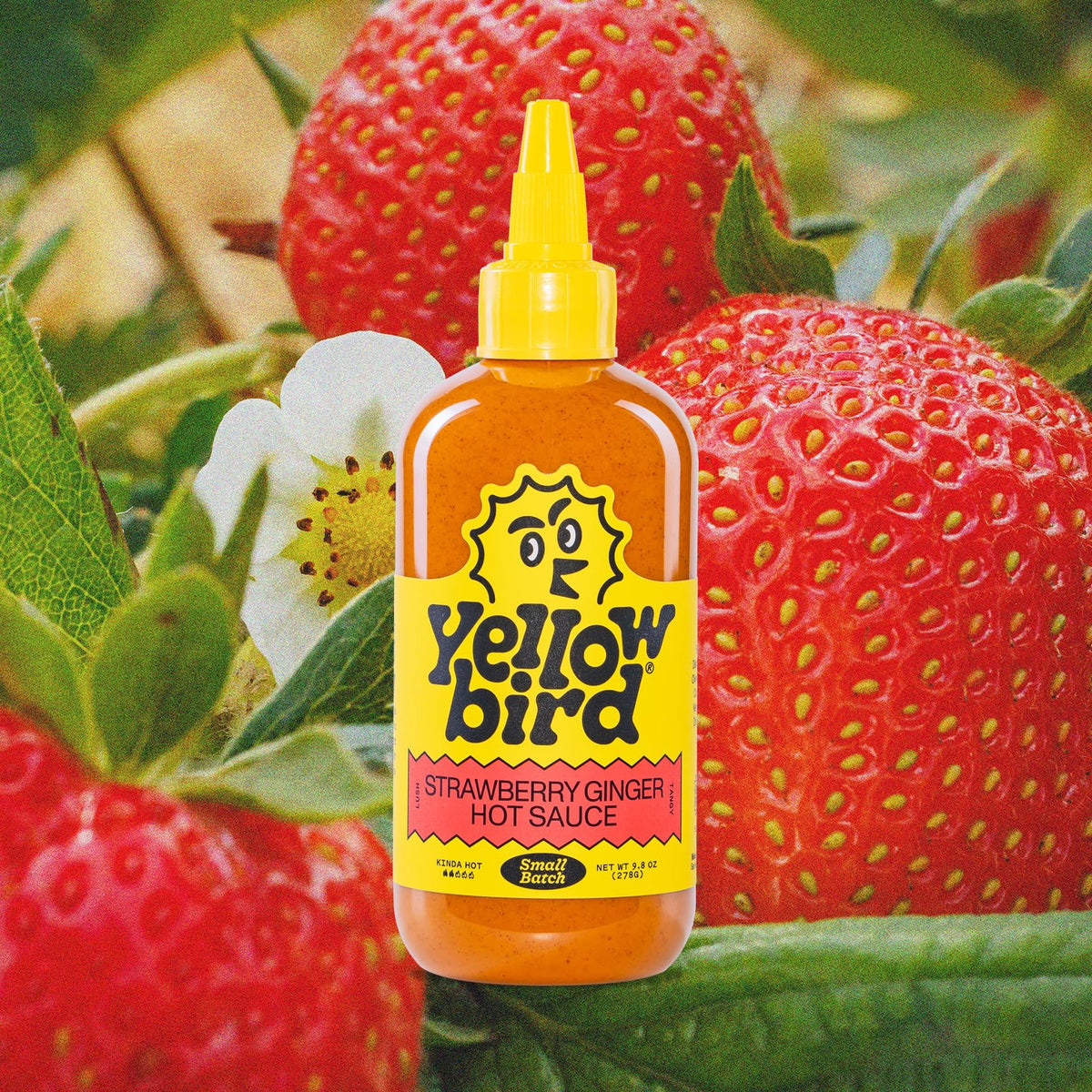Yellowbird sauce label close-up emphasizing strawberry and serrano notes