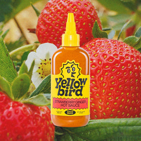 Yellowbird sauce label close-up emphasizing strawberry and serrano notes