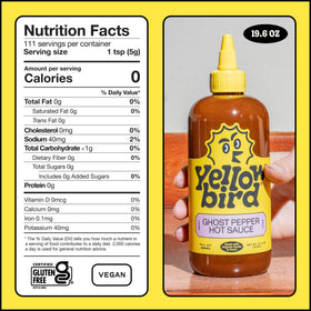 Texas-made Yellowbird label on bottle enhancing table-top appeal.