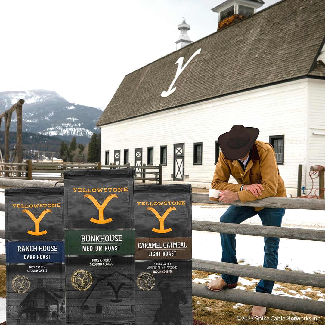 Yellowstone brand label close-up emphasizes quality sourcing for flavorful cups.