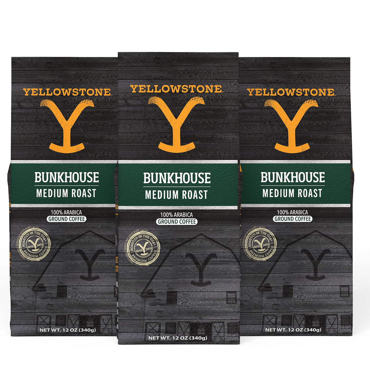 Yellowstone Bunkhouse coffee pack shot emphasizing the 36 oz bag for family mornings