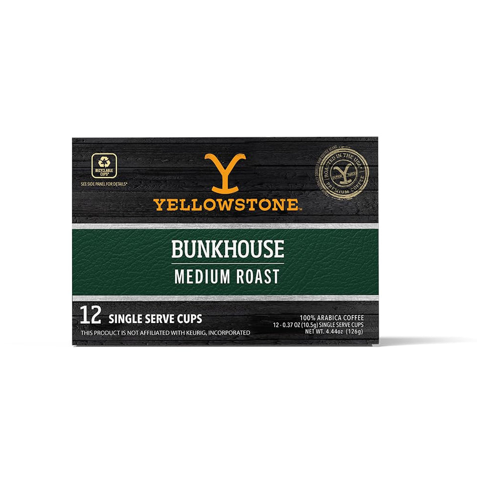Yellowstone Bunkhouse pod packaging highlights recyclable cups.