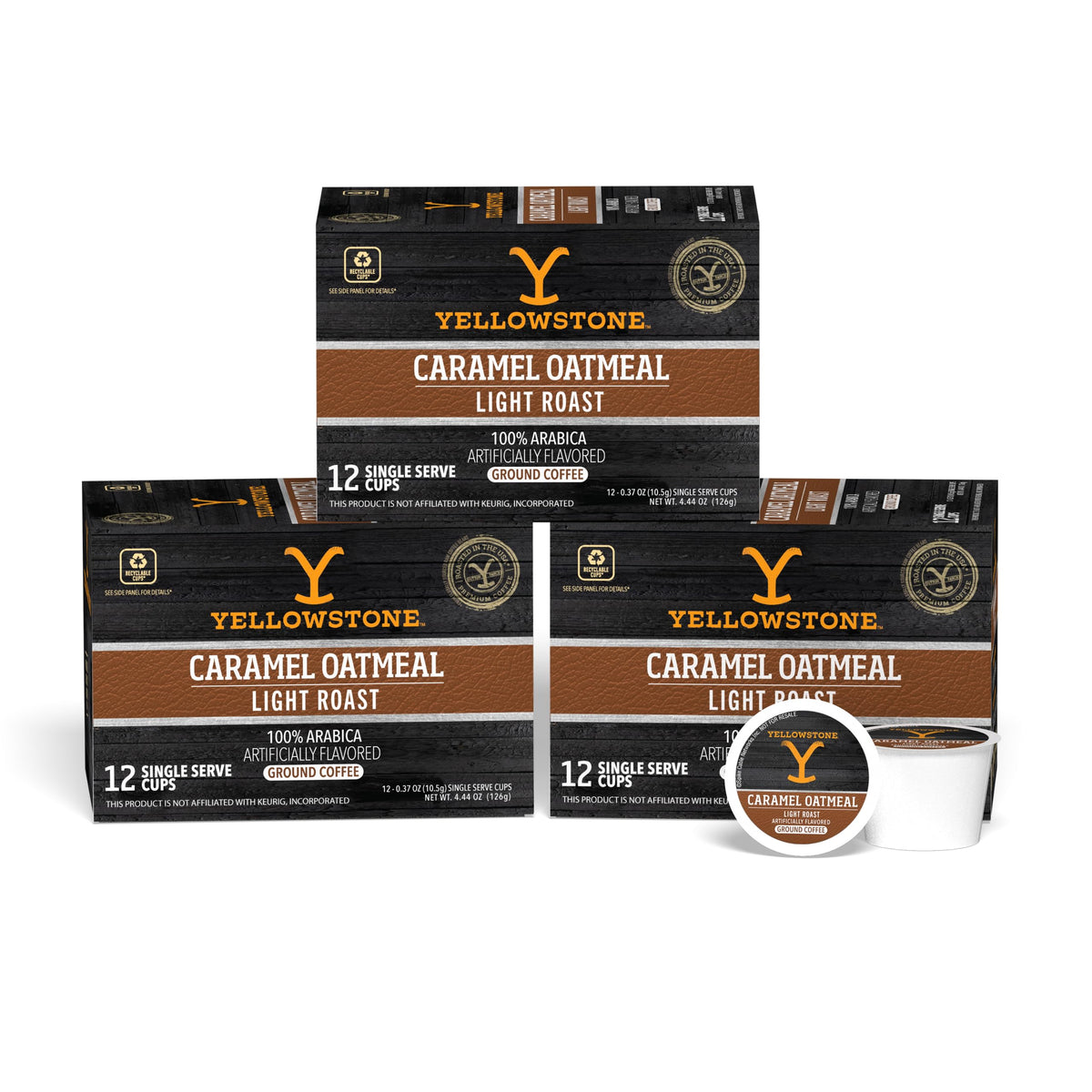 Yellowstone caramel oatmeal coffee pod front view for quick, flavorful mornings.