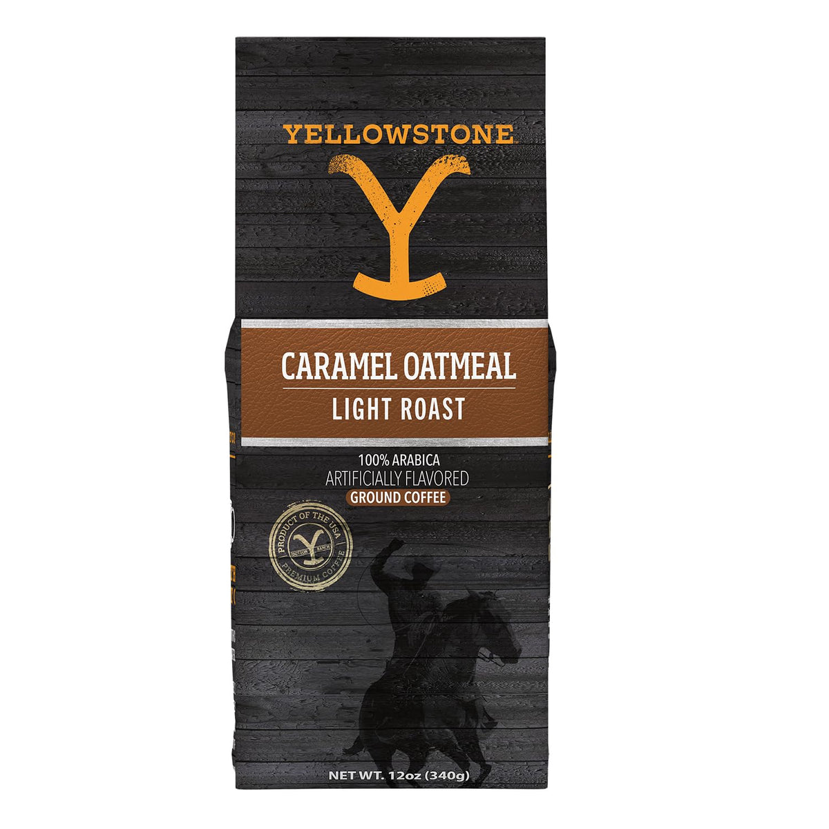 Yellowstone Caramel Oatmeal Light Roast Coffee bag highlighting premium Arabica beans for smooth mornings.
