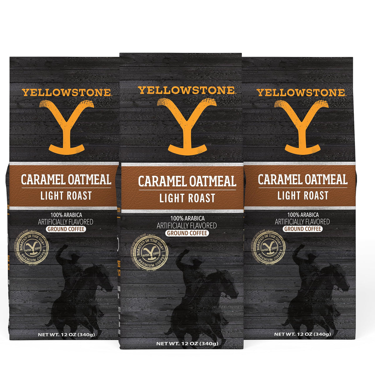 Yellowstone Caramel Oatmeal packaging shows a 3-pack, ready for sharing mornings.