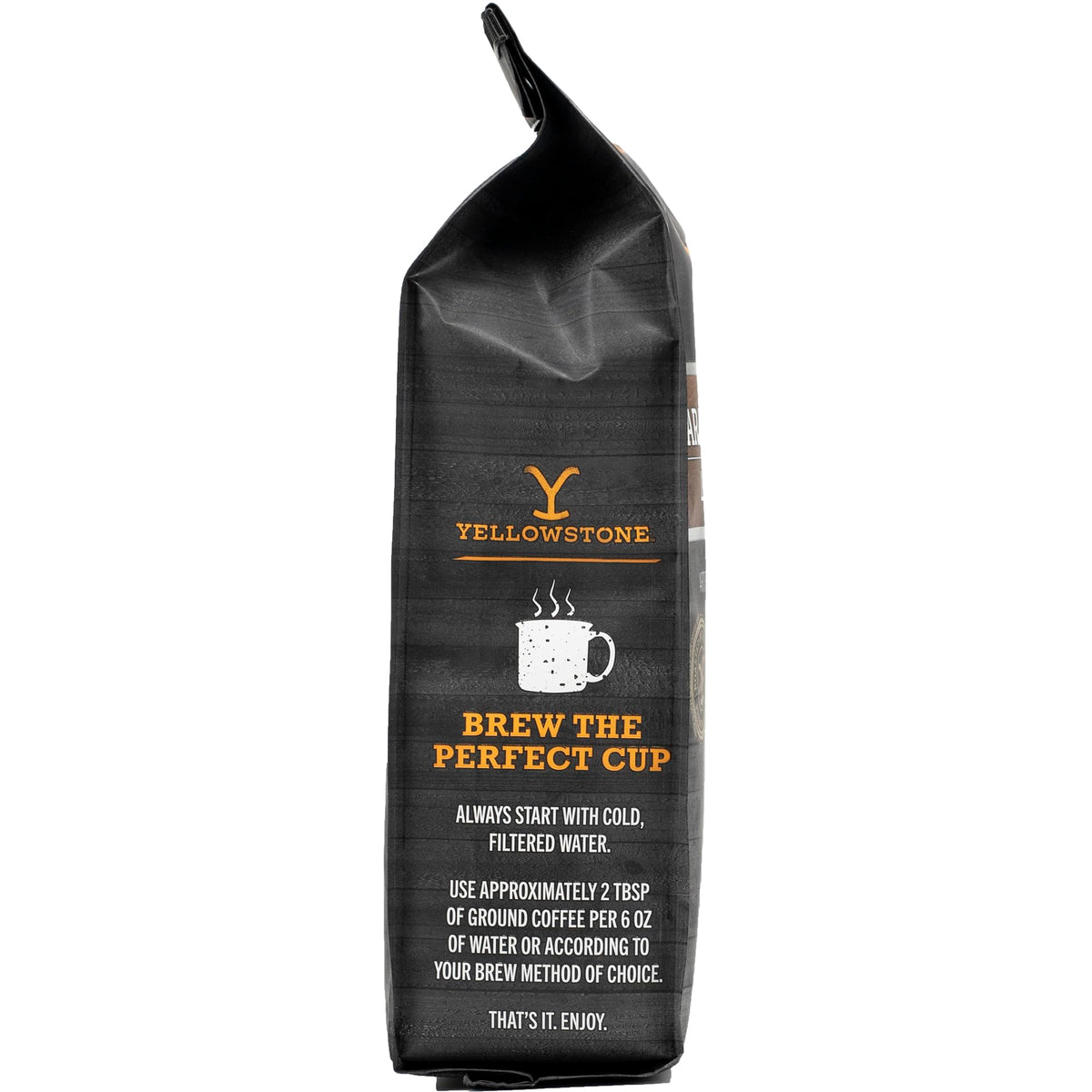 Yellowstone ground coffee canister ready for easy brewing.