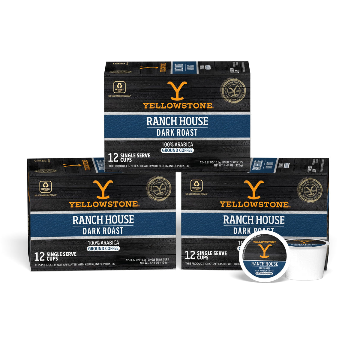 Yellowstone Ranch House Dark Roast pods on shelf offer convenient single-serve brewing.