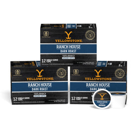 Yellowstone Ranch House Dark Roast pods on shelf offer convenient single-serve brewing.