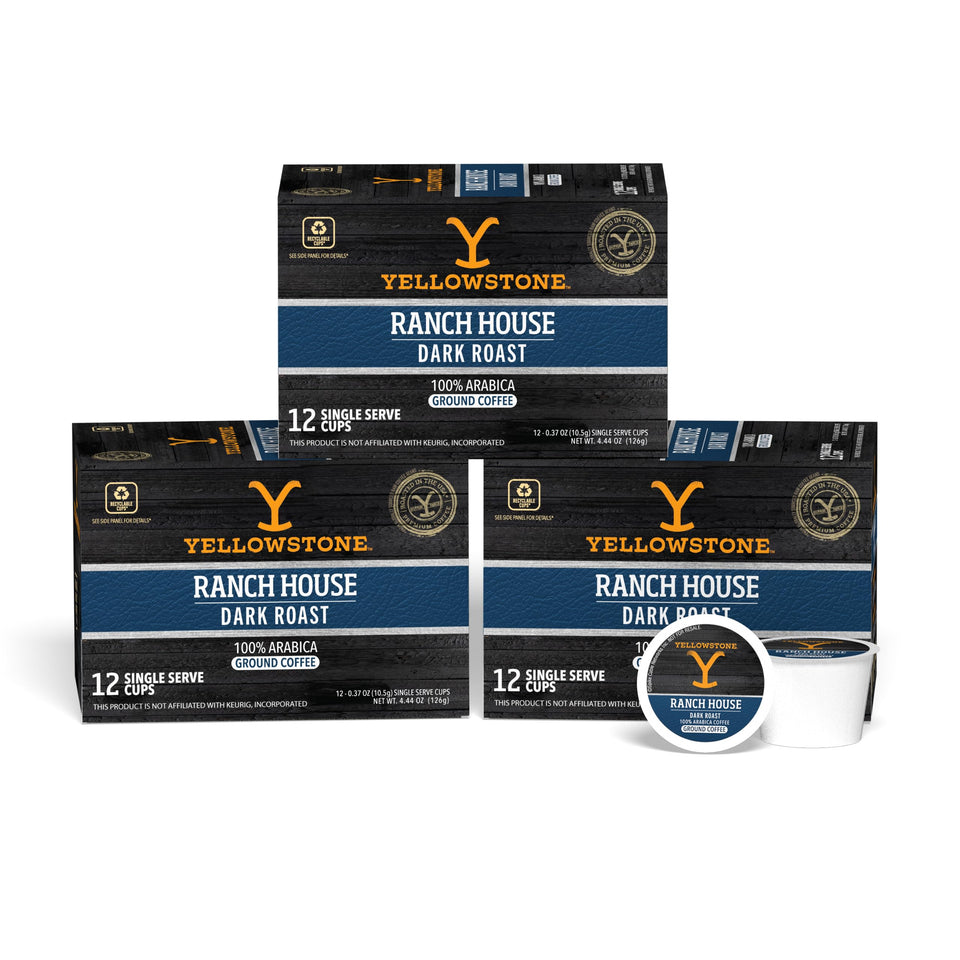 Yellowstone Ranch House Dark Roast pods on shelf offer convenient single-serve brewing.