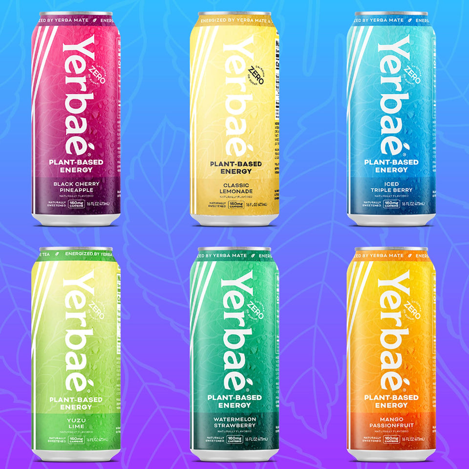 Yerbaé Assorted Flavors bottle pour highlighting zero sugar energy