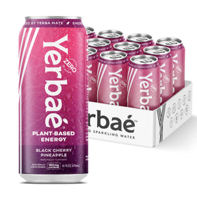 Yerbaé Black Cherry Pineapple can front view, showcasing zero sugar and plant-based energy.