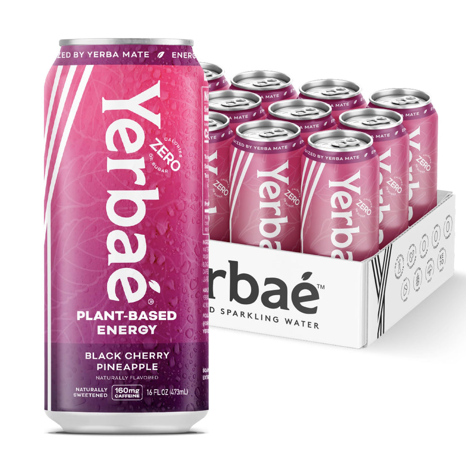 Yerbaé Black Cherry Pineapple can front view, showcasing zero sugar and plant-based energy.