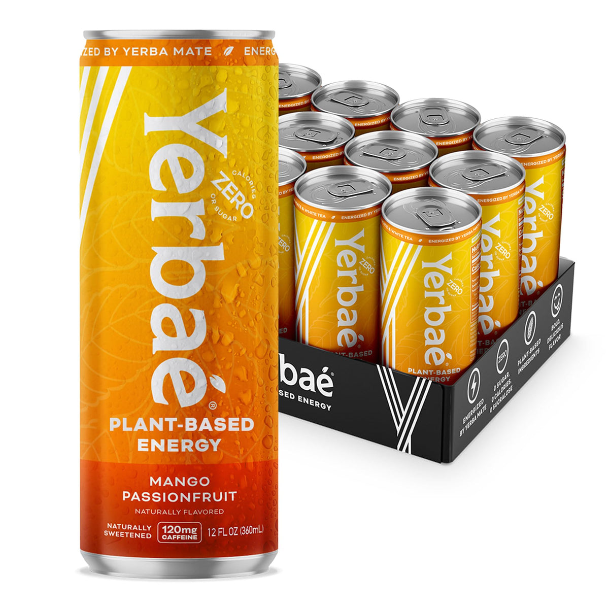 Yerbaé Mango Passion Fruit can front view showing a sugar-free energy boost