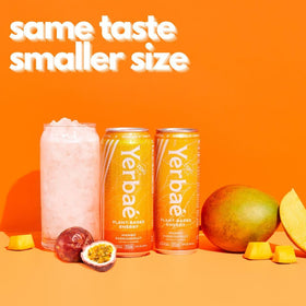 Yerbaé Mango Passion Fruit glass setup emphasizing refreshing, zero-calorie flavor with sustained energy