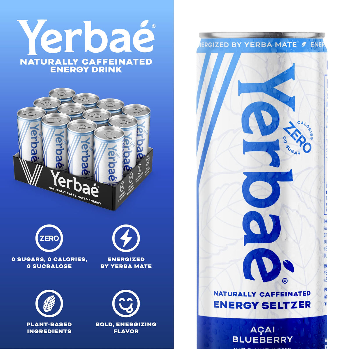 Yerbaé Acai Blueberry can beside a chilled glass suitable for workouts.