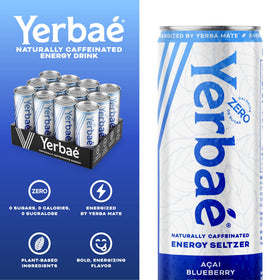 Yerbaé Acai Blueberry can beside a chilled glass suitable for workouts.