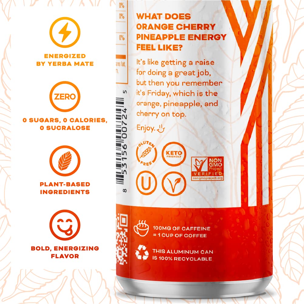 Close-up of Yerbaé label on Orange Cherry Pineapple can, highlighting zero sugar and vegan formula.