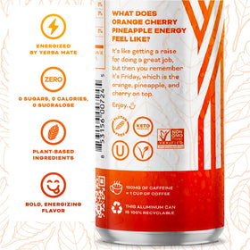 Close-up of Yerbaé label on Orange Cherry Pineapple can, highlighting zero sugar and vegan formula.