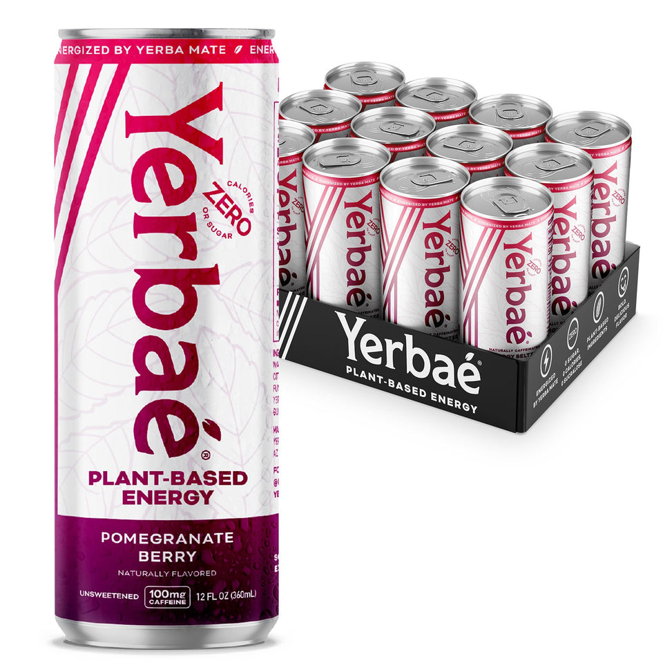 Yerbaé Energy Seltzer can with Pomegranate Berry showing a crisp, sugar-free boost