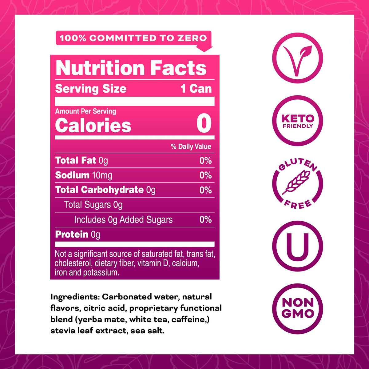 Yerbaé label closeup shows vegan, gluten-free attributes and Stevia sweetness.