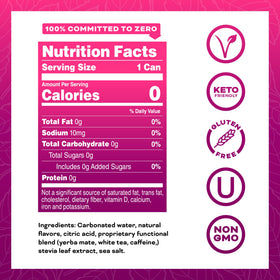 Yerbaé label closeup shows vegan, gluten-free attributes and Stevia sweetness.