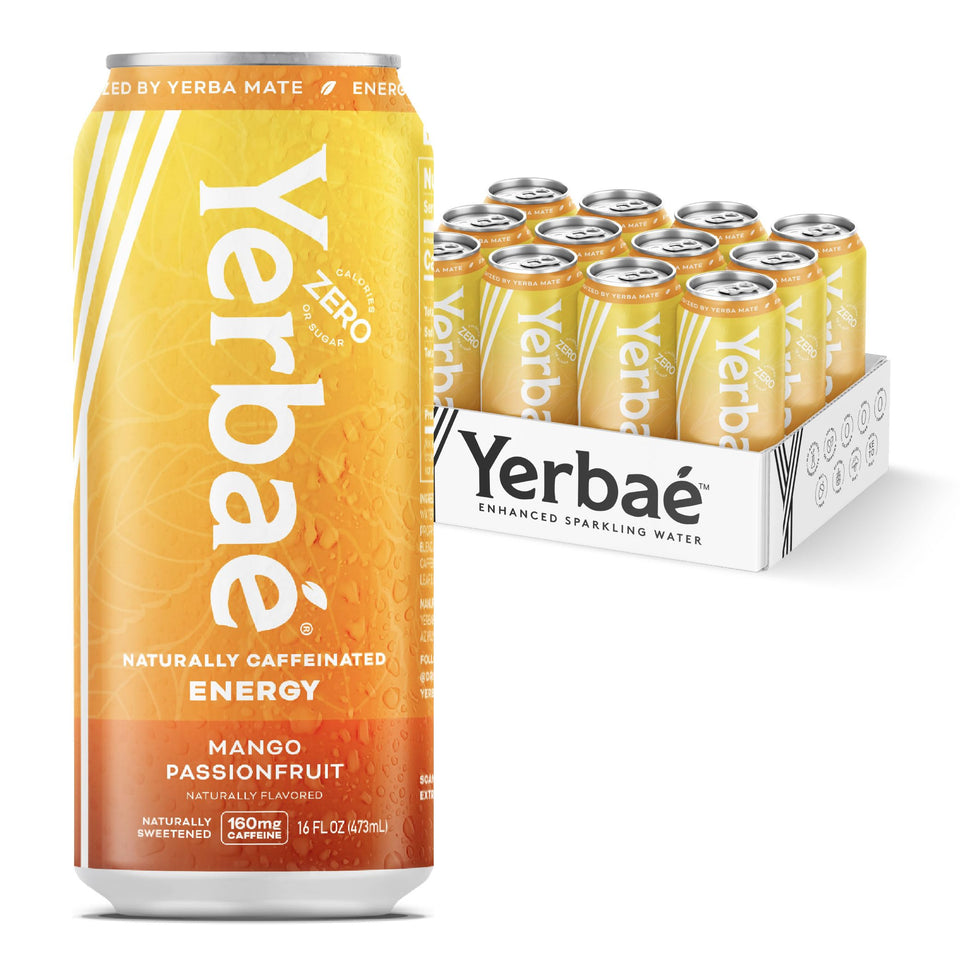 Yerbaé Mango Passion Fruit 16oz can showing bold flavor and zero sugar.