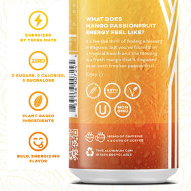 Pour of Yerbaé Mango Passion Fruit highlighting sparkling, sugar-free energy.