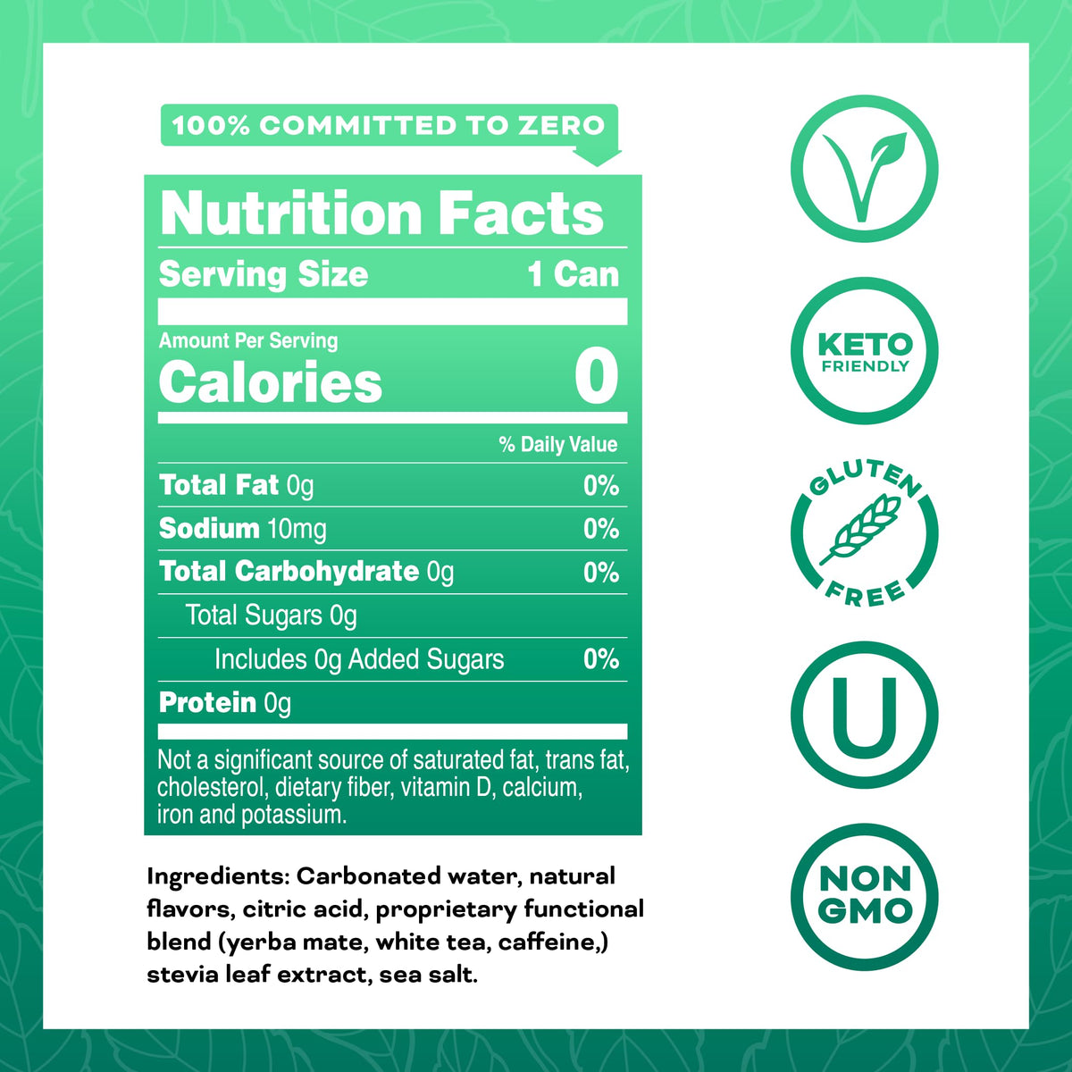 Close-up of Yerbae ingredients panel highlighting zero sugar and zero calories