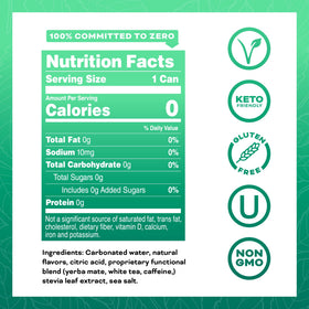 Close-up of Yerbae ingredients panel highlighting zero sugar and zero calories