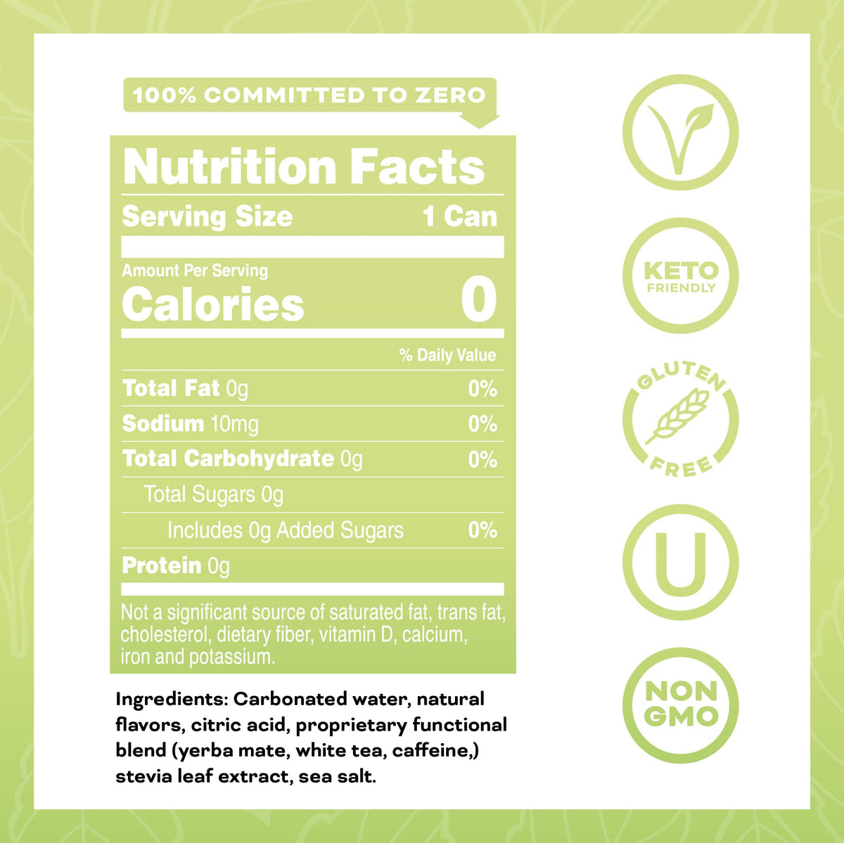 Yerbae Yuzu Lime label texture showcases plant-based caffeine and stevia sweetness.