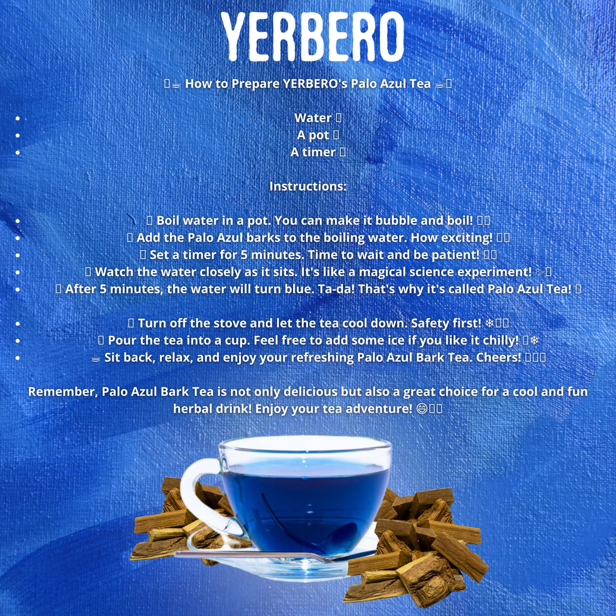 Yerbero Palo Azul Tea azure hue highlights a vivid infusion perfect for relaxing evenings