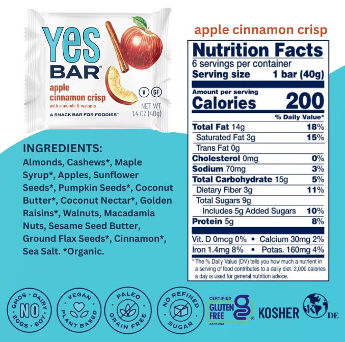 The YES Bar Apple Cinnamon pack front highlights convenient single-serve packaging.